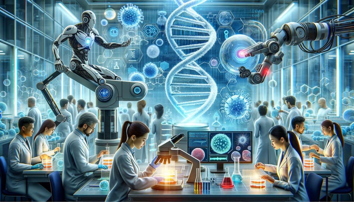 An image showing various biotech breakthroughs in a lab setting
