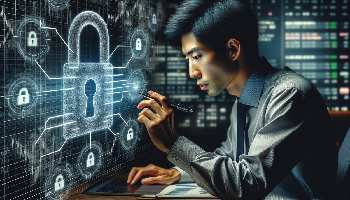 Image of a person analyzing stock market data on a computer with a cybersecurity padlock in the background.