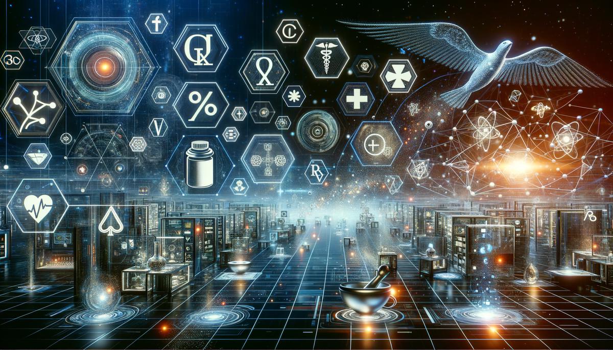 A futuristic image depicting various technologies merging with pharmaceutical symbols