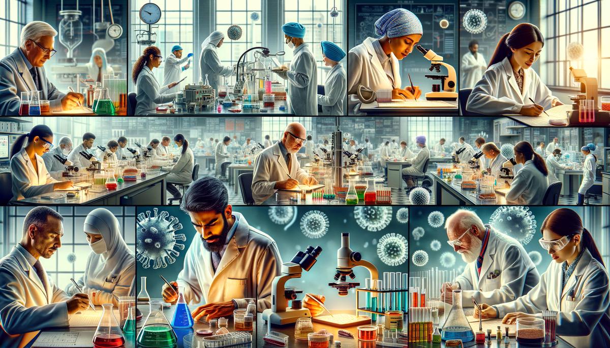 An image depicting a biotech industry lab with scientists working on experiments