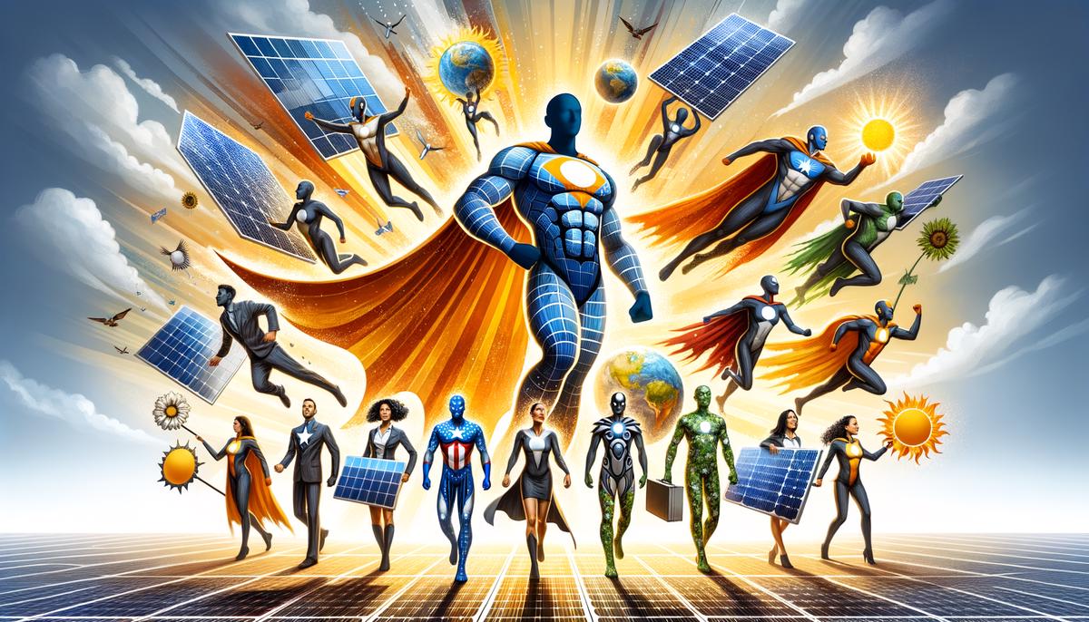 Representation of First Solar as superheroes leading the charge in the solar industry