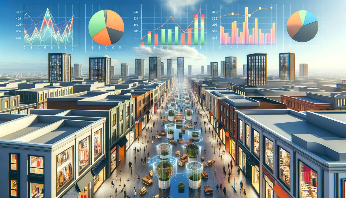 Image of various retail stores with economic indicators in the background.