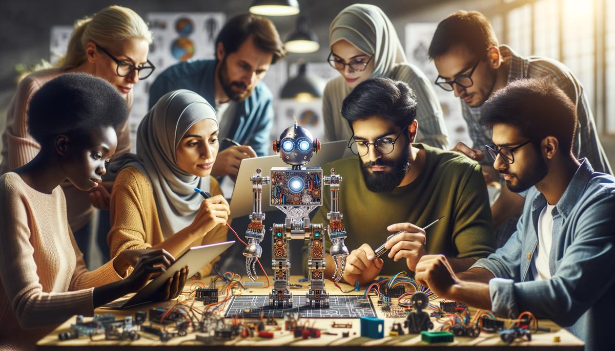 A group of people working on a robotic project