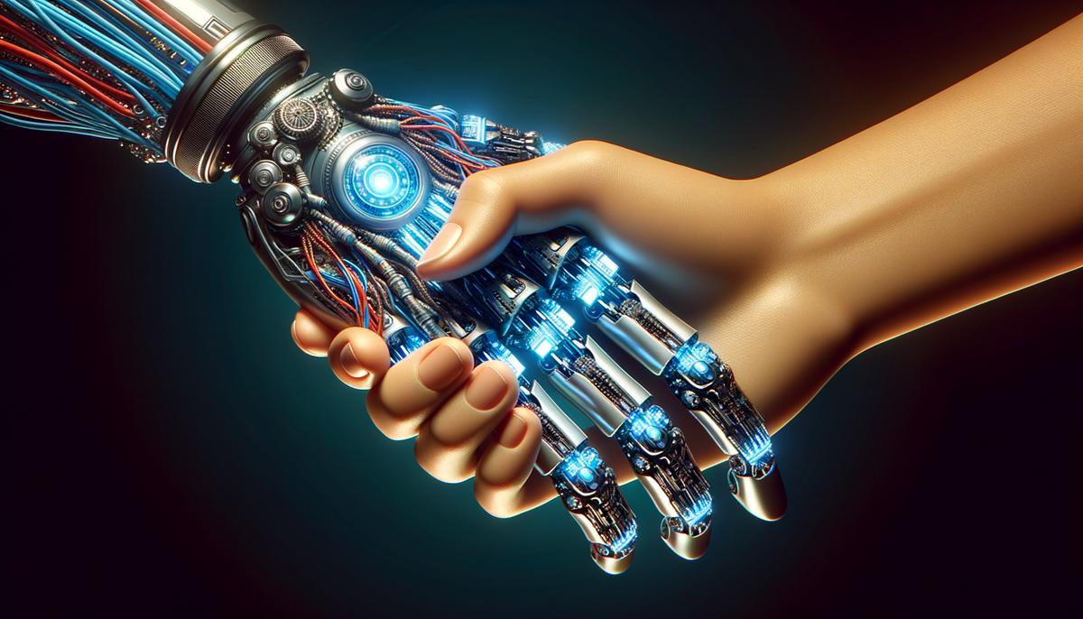 Image of a futuristic robotic hand shaking hands with a human hand
