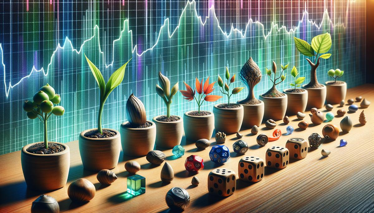 A diverse mix of small-cap stocks lined up, symbolizing the potential growth and risks associated with investing in them