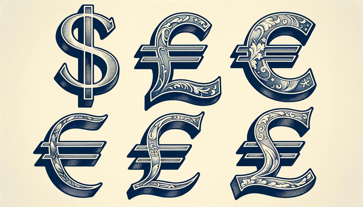 Various international currency symbols like the US dollar, Euro, Pound Sterling, and Japanese yen.