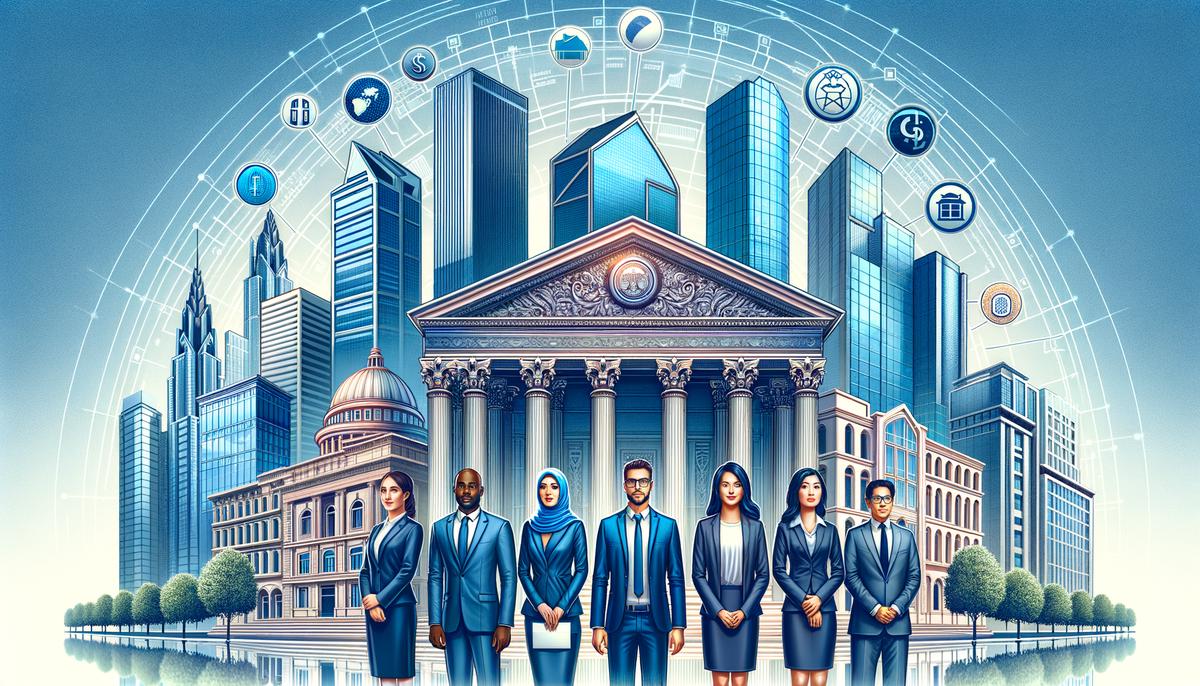 An image of a diverse financial sector like banks, insurance companies, and fintech firms, symbolizing investment opportunities.