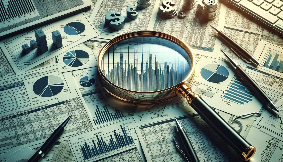 Image of a magnifying glass analyzing financial documents, representing the concept of assessing small-cap stocks for investment potential