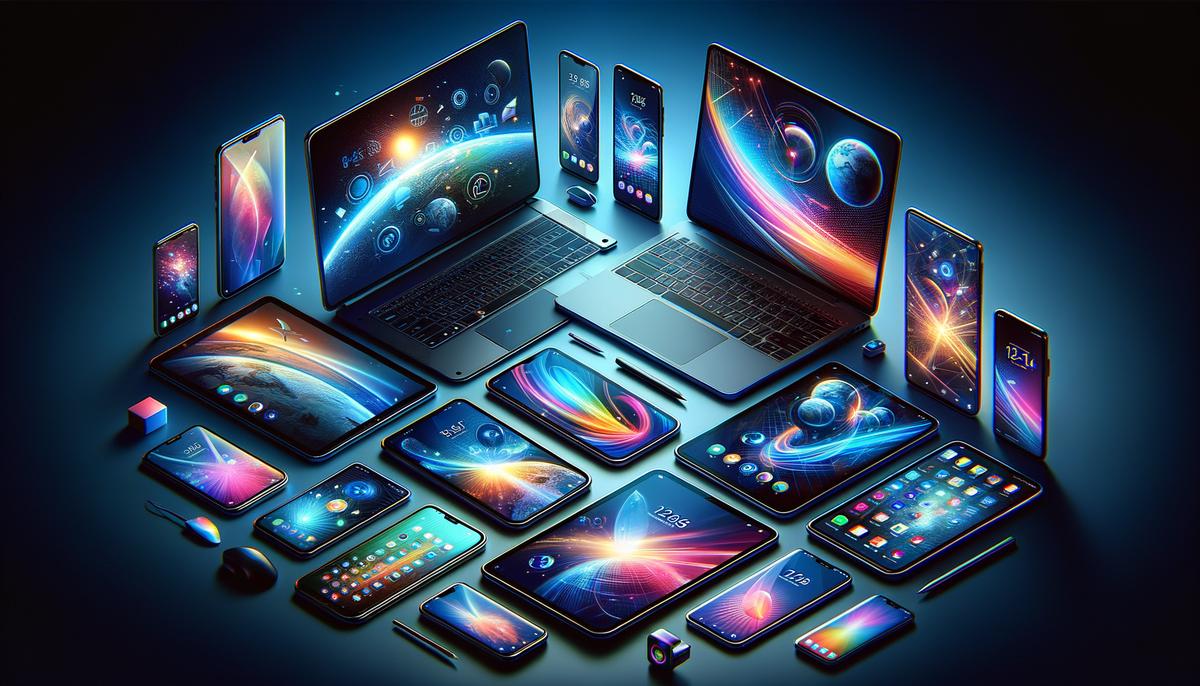 A variety of tech gadgets including smartphones, laptops, and tablets